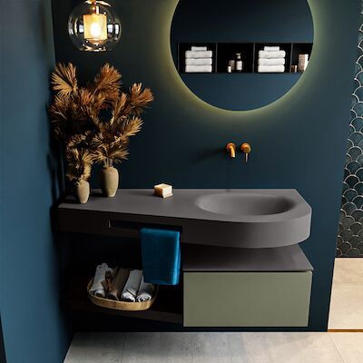 MONDIAZ RIVA 120cm badmeubel onderkast / planchet kleur Army met 1 lade. Wastafel DULCET rechts 0 kraangaten kleur Dark_Grey.
