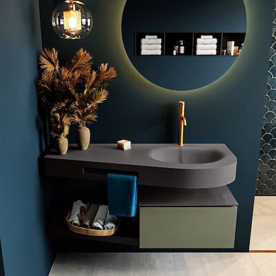 MONDIAZ RIVA 120cm badmeubel onderkast / planchet kleur Army met 1 lade. Wastafel DULCET rechts 1 kraangat kleur Dark_Grey.
