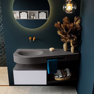 MONDIAZ RIVA 120cm badmeubel onderkast / planchet kleur Cale met 1 lade. Wastafel DULCET links 0 kraangaten kleur Dark_Grey.
