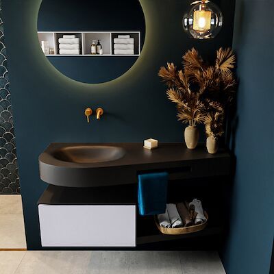 MONDIAZ RIVA 120cm badmeubel onderkast / planchet kleur Cale met 1 lade. Wastafel DULCET links 0 kraangaten kleur Urban.