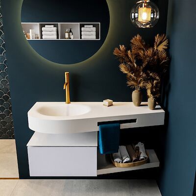MONDIAZ RIVA 120cm badmeubel onderkast / planchet kleur Cale met 1 lade. Wastafel DULCET links 1 kraangat kleur Talc.