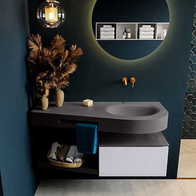 MONDIAZ RIVA 120cm badmeubel onderkast / planchet kleur Cale met 1 lade. Wastafel DULCET rechts 0 kraangaten kleur Dark_Grey.