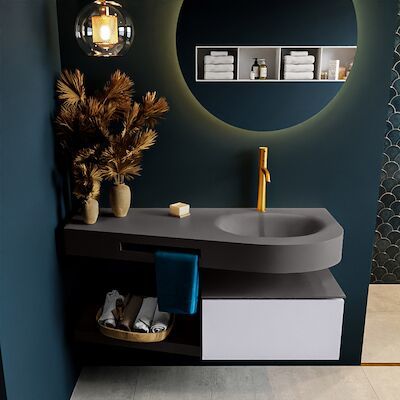 MONDIAZ RIVA 120cm badmeubel onderkast / planchet kleur Cale met 1 lade. Wastafel DULCET rechts 1 kraangat kleur Dark_Grey.