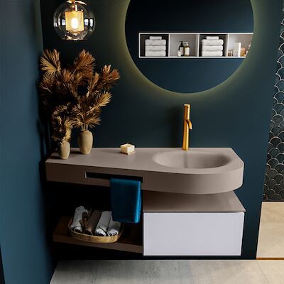 MONDIAZ RIVA 120cm badmeubel onderkast / planchet kleur Cale met 1 lade. Wastafel DULCET rechts 1 kraangat kleur Smoke.