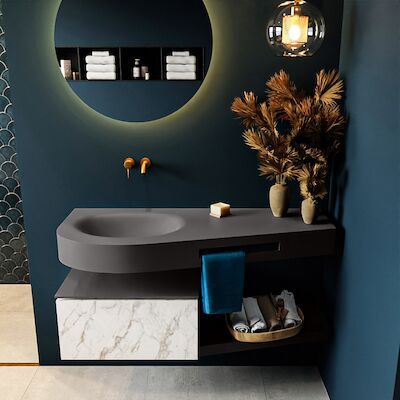 MONDIAZ RIVA 120cm badmeubel onderkast / planchet kleur carrara met 1 lade. Wastafel DULCET links 0 kraangaten kleur Dark_Grey.