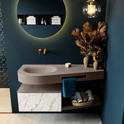 MONDIAZ RIVA 120cm badmeubel onderkast / planchet kleur carrara met 1 lade. Wastafel DULCET links 0 kraangaten kleur Smoke.