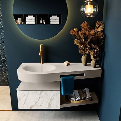 MONDIAZ RIVA 120cm badmeubel onderkast / planchet kleur carrara met 1 lade. Wastafel DULCET links 1 kraangat kleur Linen.