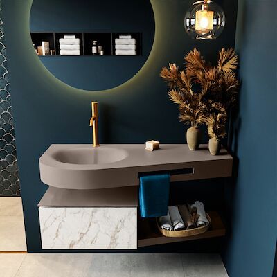 MONDIAZ RIVA 120cm badmeubel onderkast / planchet kleur carrara met 1 lade. Wastafel DULCET links 1 kraangat kleur Smoke.