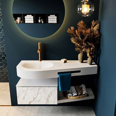 MONDIAZ RIVA 120cm badmeubel onderkast / planchet kleur carrara met 1 lade. Wastafel DULCET links 1 kraangat kleur Talc.
