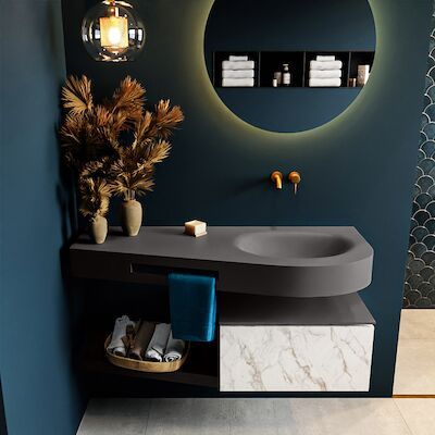 MONDIAZ RIVA 120cm badmeubel onderkast / planchet kleur carrara met 1 lade. Wastafel DULCET rechts 0 kraangaten kleur Dark_Grey.