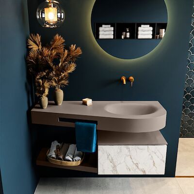 MONDIAZ RIVA 120cm badmeubel onderkast / planchet kleur carrara met 1 lade. Wastafel DULCET rechts 0 kraangaten kleur Smoke.