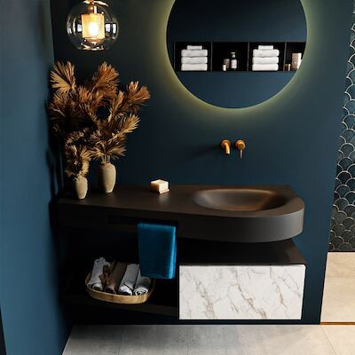 MONDIAZ RIVA 120cm badmeubel onderkast / planchet kleur carrara met 1 lade. Wastafel DULCET rechts 0 kraangaten kleur Urban.