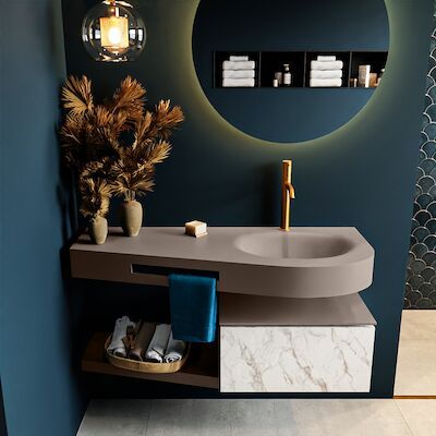MONDIAZ RIVA 120cm badmeubel onderkast / planchet kleur carrara met 1 lade. Wastafel DULCET rechts 1 kraangat kleur Smoke.