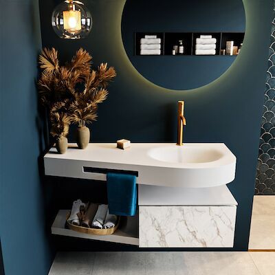 MONDIAZ RIVA 120cm badmeubel onderkast / planchet kleur carrara met 1 lade. Wastafel DULCET rechts 1 kraangat kleur Talc.