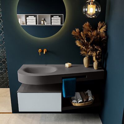MONDIAZ RIVA 120cm badmeubel onderkast / planchet kleur Clay met 1 lade. Wastafel DULCET links 0 kraangaten kleur Dark_Grey.