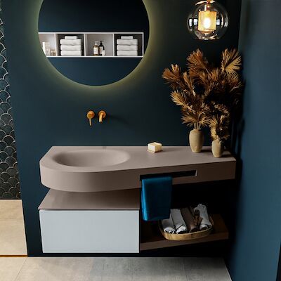MONDIAZ RIVA 120cm badmeubel onderkast / planchet kleur Clay met 1 lade. Wastafel DULCET links 0 kraangaten kleur Smoke.