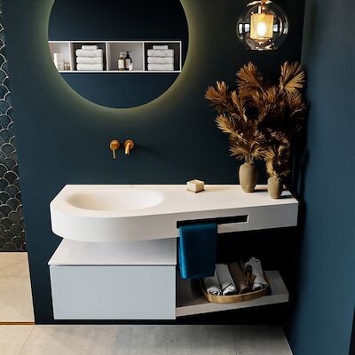 MONDIAZ RIVA 120cm badmeubel onderkast / planchet kleur Clay met 1 lade. Wastafel DULCET links 0 kraangaten kleur Talc.