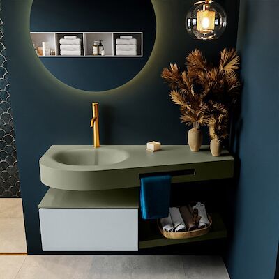 MONDIAZ RIVA 120cm badmeubel onderkast / planchet kleur Clay met 1 lade. Wastafel DULCET links 1 kraangat kleur Army.
