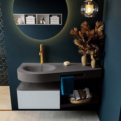 MONDIAZ RIVA 120cm badmeubel onderkast / planchet kleur Clay met 1 lade. Wastafel DULCET links 1 kraangat kleur Dark_Grey.