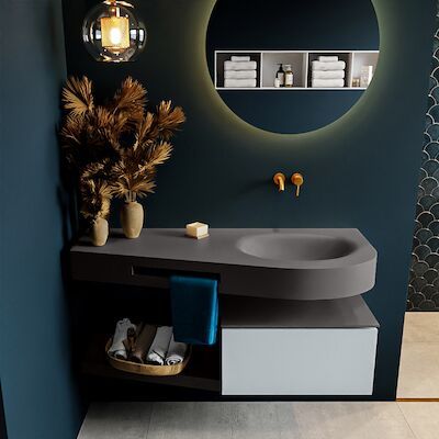 MONDIAZ RIVA 120cm badmeubel onderkast / planchet kleur Clay met 1 lade. Wastafel DULCET rechts 0 kraangaten kleur Dark_Grey.