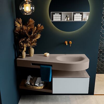 MONDIAZ RIVA 120cm badmeubel onderkast / planchet kleur Clay met 1 lade. Wastafel DULCET rechts 0 kraangaten kleur Smoke.