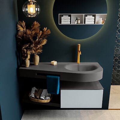 MONDIAZ RIVA 120cm badmeubel onderkast / planchet kleur Clay met 1 lade. Wastafel DULCET rechts 1 kraangat kleur Dark_Grey.