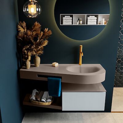 MONDIAZ RIVA 120cm badmeubel onderkast / planchet kleur Clay met 1 lade. Wastafel DULCET rechts 1 kraangat kleur Smoke.