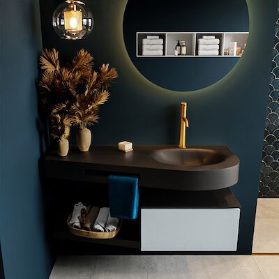 MONDIAZ RIVA 120cm badmeubel onderkast / planchet kleur Clay met 1 lade. Wastafel DULCET rechts 1 kraangat kleur Urban.