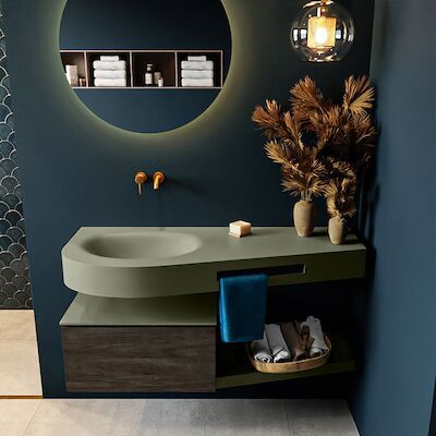 MONDIAZ RIVA 120cm badmeubel onderkast / planchet kleur Dark_Brown met 1 lade. Wastafel DULCET links 0 kraangaten kleur Army.