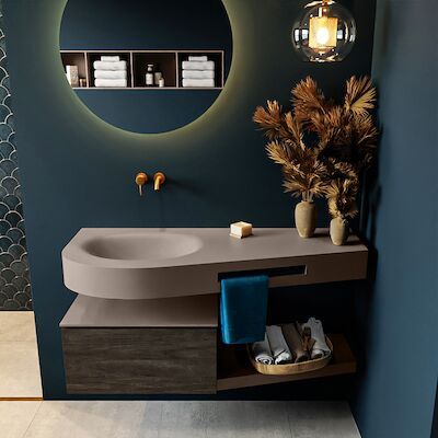 MONDIAZ RIVA 120cm badmeubel onderkast / planchet kleur Dark_Brown met 1 lade. Wastafel DULCET links 0 kraangaten kleur Smoke.