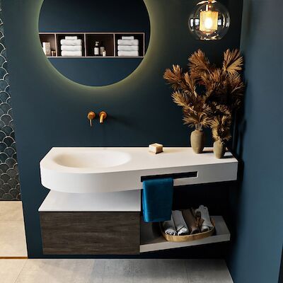 MONDIAZ RIVA 120cm badmeubel onderkast / planchet kleur Dark_Brown met 1 lade. Wastafel DULCET links 0 kraangaten kleur Talc.