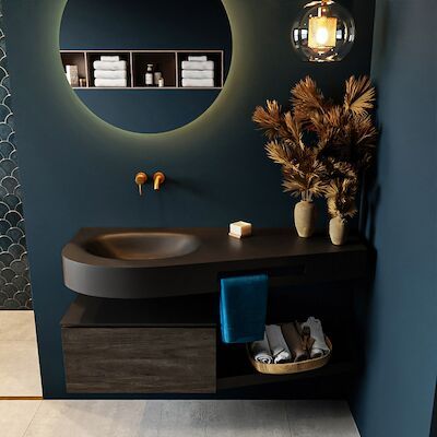 MONDIAZ RIVA 120cm badmeubel onderkast / planchet kleur Dark_Brown met 1 lade. Wastafel DULCET links 0 kraangaten kleur Urban.
