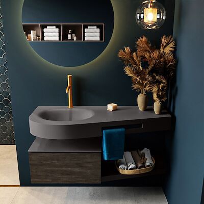 MONDIAZ RIVA 120cm badmeubel onderkast / planchet kleur Dark_Brown met 1 lade. Wastafel DULCET links 1 kraangat kleur Dark_Grey.
