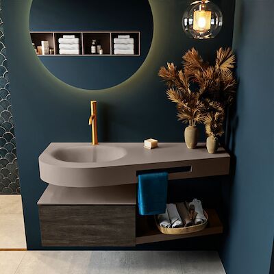 MONDIAZ RIVA 120cm badmeubel onderkast / planchet kleur Dark_Brown met 1 lade. Wastafel DULCET links 1 kraangat kleur Smoke.