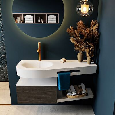 MONDIAZ RIVA 120cm badmeubel onderkast / planchet kleur Dark_Brown met 1 lade. Wastafel DULCET links 1 kraangat kleur Talc.