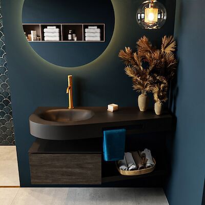 MONDIAZ RIVA 120cm badmeubel onderkast / planchet kleur Dark_Brown met 1 lade. Wastafel DULCET links 1 kraangat kleur Urban.