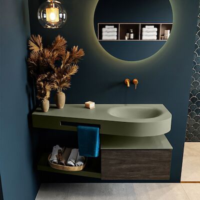 MONDIAZ RIVA 120cm badmeubel onderkast / planchet kleur Dark_Brown met 1 lade. Wastafel DULCET rechts 0 kraangaten kleur Army.