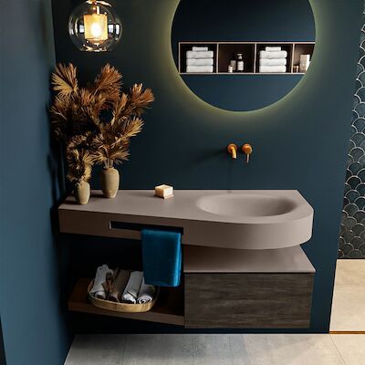 MONDIAZ RIVA 120cm badmeubel onderkast / planchet kleur Dark_Brown met 1 lade. Wastafel DULCET rechts 0 kraangaten kleur Smoke.