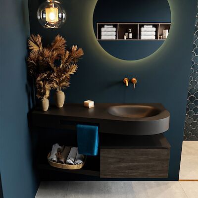 MONDIAZ RIVA 120cm badmeubel onderkast / planchet kleur Dark_Brown met 1 lade. Wastafel DULCET rechts 0 kraangaten kleur Urban.