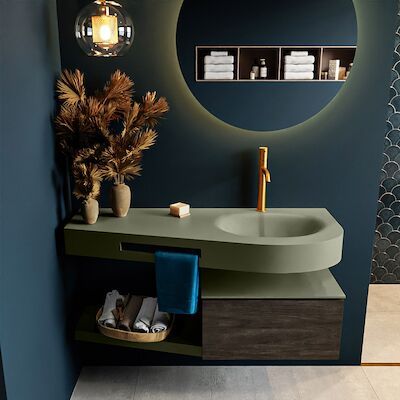 MONDIAZ RIVA 120cm badmeubel onderkast / planchet kleur Dark_Brown met 1 lade. Wastafel DULCET rechts 1 kraangat kleur Army.