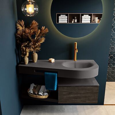 MONDIAZ RIVA 120cm badmeubel onderkast / planchet kleur Dark_Brown met 1 lade. Wastafel DULCET rechts 1 kraangat kleur Dark_Grey.
