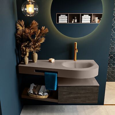 MONDIAZ RIVA 120cm badmeubel onderkast / planchet kleur Dark_Brown met 1 lade. Wastafel DULCET rechts 1 kraangat kleur Smoke.