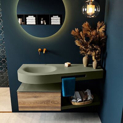 MONDIAZ RIVA 120cm badmeubel onderkast / planchet kleur Dark_Brown_Grey met 1 lade. Wastafel DULCET links 0 kraangaten kleur Army.