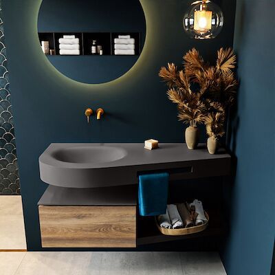 MONDIAZ RIVA 120cm badmeubel onderkast / planchet kleur Dark_Brown_Grey met 1 lade. Wastafel DULCET links 0 kraangaten kleur Dark_Grey.