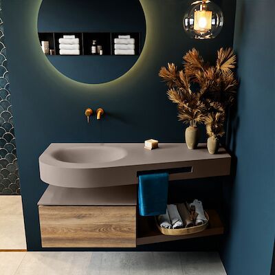 MONDIAZ RIVA 120cm badmeubel onderkast / planchet kleur Dark_Brown_Grey met 1 lade. Wastafel DULCET links 0 kraangaten kleur Smoke.