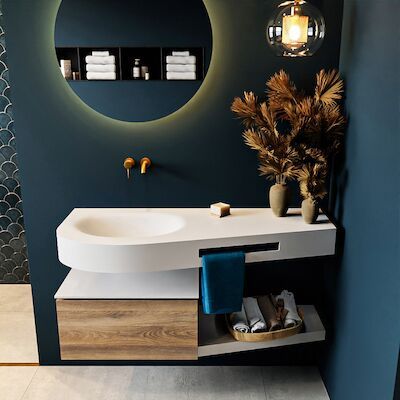 MONDIAZ RIVA 120cm badmeubel onderkast / planchet kleur Dark_Brown_Grey met 1 lade. Wastafel DULCET links 0 kraangaten kleur Talc.