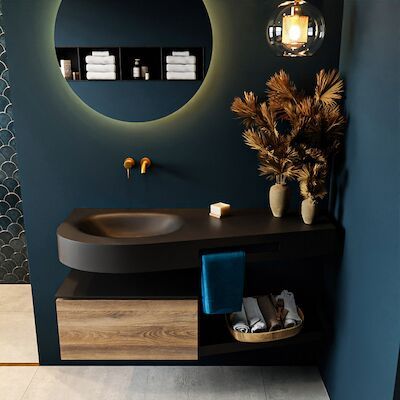 MONDIAZ RIVA 120cm badmeubel onderkast / planchet kleur Dark_Brown_Grey met 1 lade. Wastafel DULCET links 0 kraangaten kleur Urban.