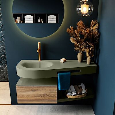 MONDIAZ RIVA 120cm badmeubel onderkast / planchet kleur Dark_Brown_Grey met 1 lade. Wastafel DULCET links 1 kraangat kleur Army.