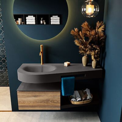 MONDIAZ RIVA 120cm badmeubel onderkast / planchet kleur Dark_Brown_Grey met 1 lade. Wastafel DULCET links 1 kraangat kleur Dark_Grey.