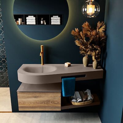 MONDIAZ RIVA 120cm badmeubel onderkast / planchet kleur Dark_Brown_Grey met 1 lade. Wastafel DULCET links 1 kraangat kleur Smoke.